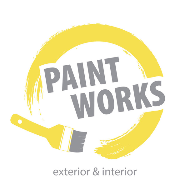 Paint Works Logo. Brush stroke yellow paint and gray text. Exterior  and interior. Concept for home decoration, building . EPS10. - Vetor, Imagem