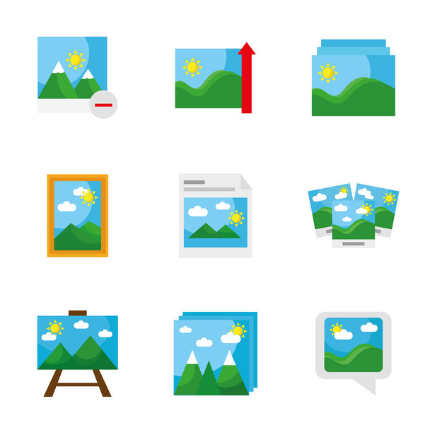 pacote de oito imagens com diferentes cenas de ícones de estilo plano conjunto - Vetor, Imagem