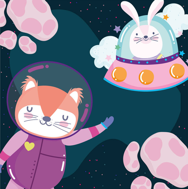 space astronaut fox and rabbit in ufo adventure explore animal cartoon - Vector, Imagen