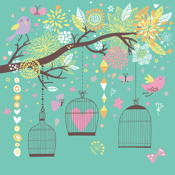Freedom concept card. Birds out of cages. - Vetor, Imagem