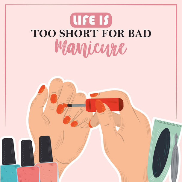 manicure female hands painting with red nail polish fashion style - Vector, Image