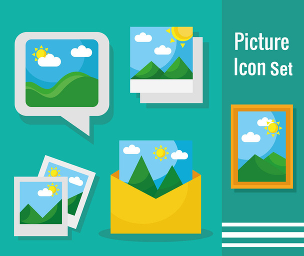 пакет из двенадцати фотографий с различными сценами плоский стиль иконки - Вектор,изображение