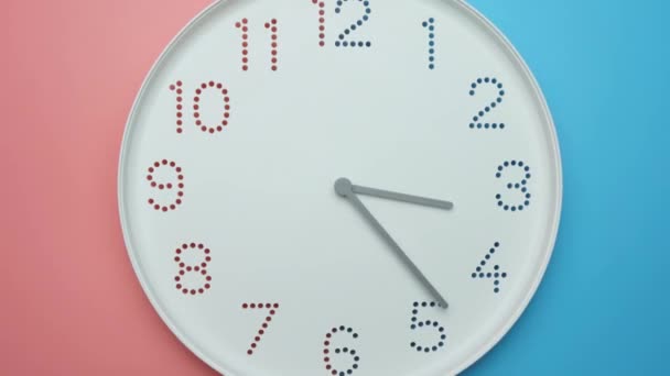 Time lapse white wall clock tell the time 5 o'clock. The time passed quickly in a day on two tone background. - Footage, Video