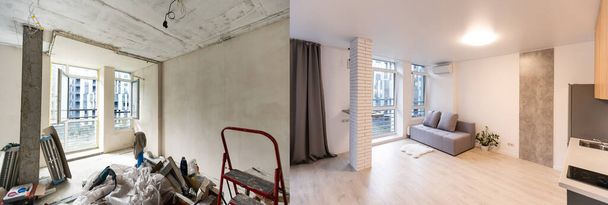 Habitación con paredes inacabadas y una habitación después de la reparación. Antes y después de la renovación de viviendas nuevas. - Foto, Imagen