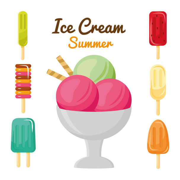bundle of seven ice creams set icons and lettering - Вектор,изображение