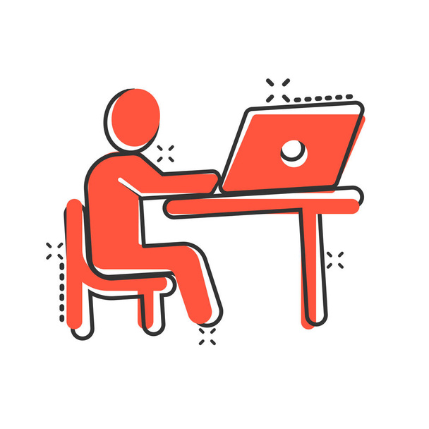 Menschen mit Laptop-Computer-Ikone im Comic-Stil. Pc Benutzer Cartoon Vektor Illustration auf weißem Hintergrund isoliert. Büroleiter Splash-Effekt Geschäftskonzept. - Vektor, Bild