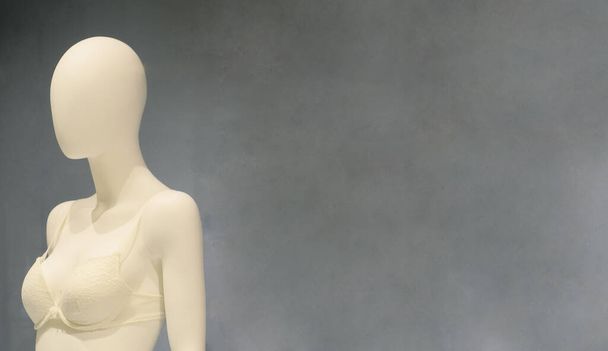 A closeup of a beige brassiere on a mannequin isolated on a gray background - Photo, image