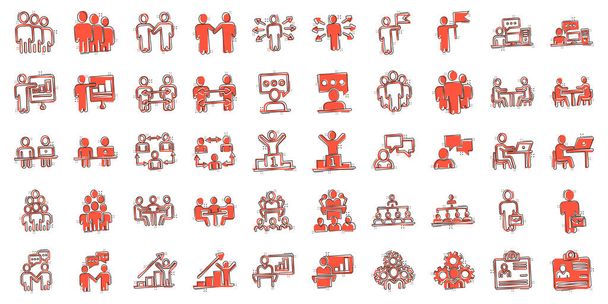 Business communication contour icon set in comic style. Team structure cartoon line vector illustration on white isolated background. Office teamwork linear stroke splash effect business concept. - Vector, Image