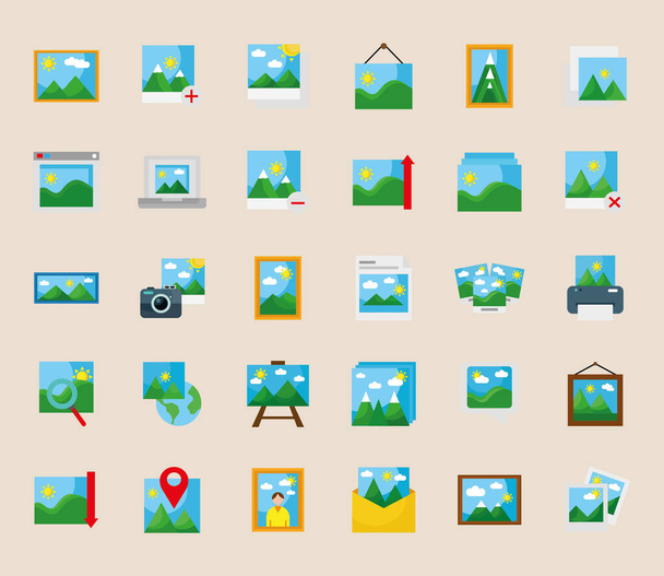 bundle of thirty pictures with differents scenes flat style set icons - Vector, Image