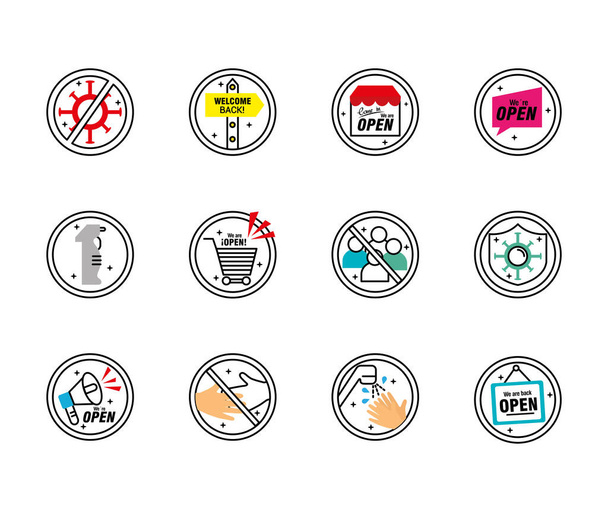 paquet de huit étiquettes de réouverture autocollants mis demi-ligne icônes de style - Vecteur, image