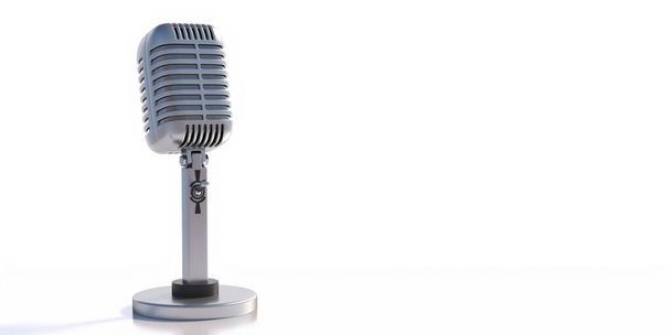 Microphone retro style, mic or mike. Professional classic metal device on stand isolated on white background, copy space. Music, studio recording concept, 3d illustration - Photo, Image