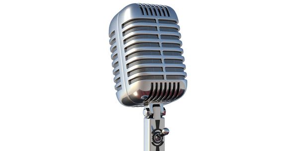 Microphone retro style, mic or mike. Professional classic metal device on stand isolated cutout on white background. Music, studio recording concept, 3d illustration - Photo, Image