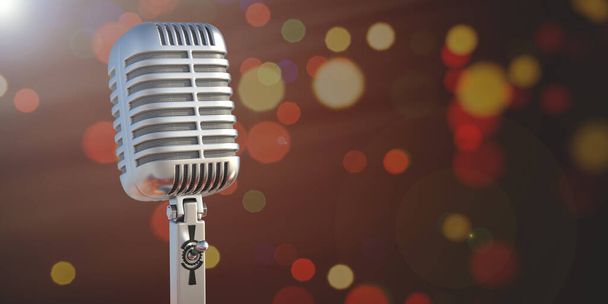 Retro microphone. Live contact with audience for speech, presentation, music for entertainment through classic metal mic, blur bokeh background. 3d illustration - Photo, Image