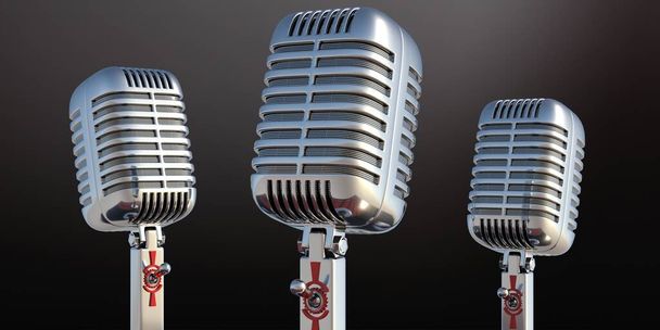 Три серебряных ретро микрофона, классический металлический микрофон на черном фоне, вид крупным планом. Живое шоу, запись музыки, развлекательная концепция. 3d иллюстрация - Фото, изображение