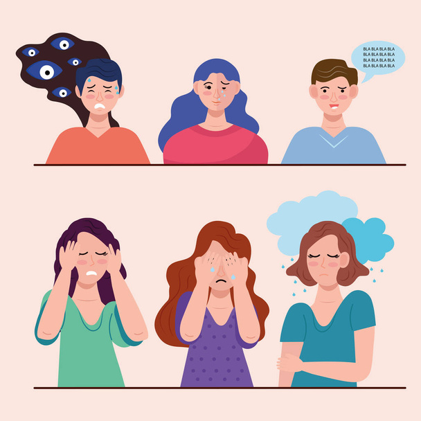 grupo de seis pessoas com caracteres de transtorno bipolar - Vetor, Imagem