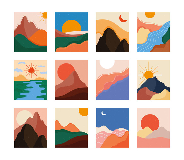 bundel van twaalf abstracte landschappen kleurrijke scènes - Vector, afbeelding