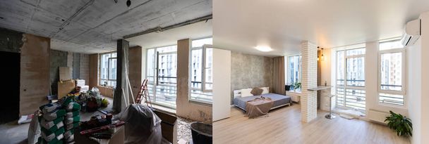 Modern interieur van grote woon-keuken studio kamer, voor en na - Foto, afbeelding
