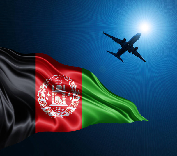 Bandera de seda de Afganistán por la noche con un avión en el fondo del cielo. Ilustración 3D - Foto, Imagen