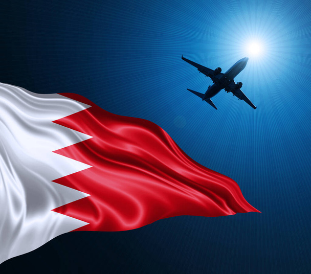 Bahrain flag of silk at night with an airplane on the sky background. 3D illustration - Photo, Image