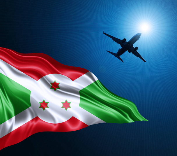 Bandera de Burundi de seda por la noche con un avión en el fondo del cielo. Ilustración 3D - Foto, Imagen