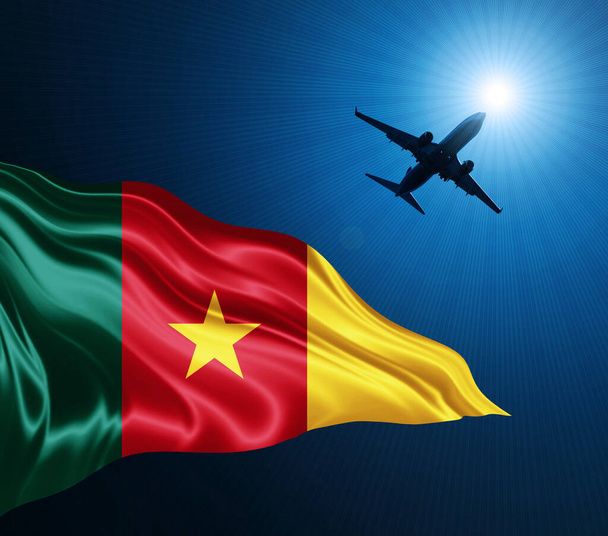 Bandera de camerún de seda por la noche con un avión en el fondo del cielo. Ilustración 3D - Foto, imagen