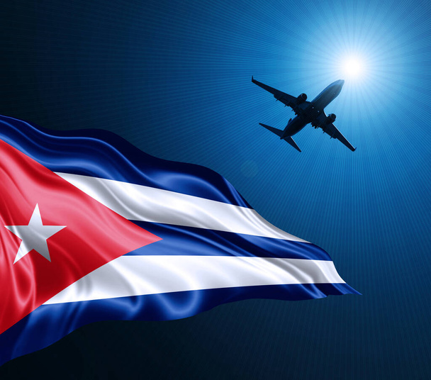 Κουβανέζικη σημαία από μετάξι τη νύχτα με ένα αεροπλάνο στο φόντο του ουρανού. 3D απεικόνιση - Φωτογραφία, εικόνα