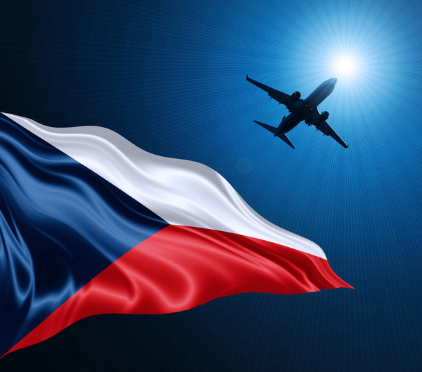 Bandera checa de seda por la noche con un avión en el fondo del cielo. Ilustración 3D - Foto, Imagen