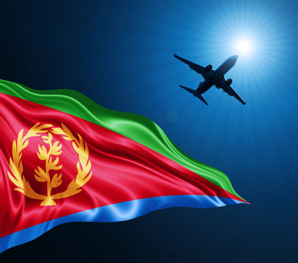 Bandera de seda de Eritrea por la noche con un avión en el fondo del cielo. Ilustración 3D - Foto, Imagen