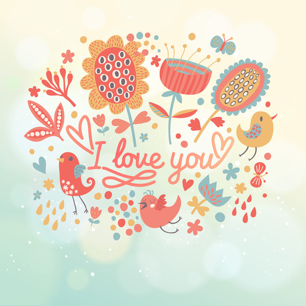 Bright floral invitation card with birds, flowers - Vektor, Bild