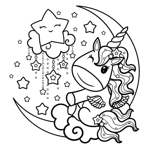 Unicorn winks sitting on the moon among the clouds and stars. Doodle style. Black and white image for coloring. Vector - Wektor, obraz