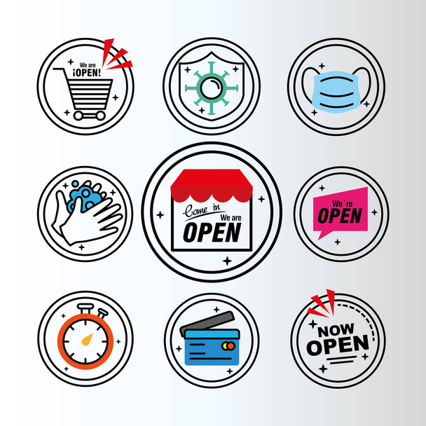 pacchetto di nove etichette di riapertura impostare mezza linea icone di stile in sfondo grigio - Vettoriali, immagini