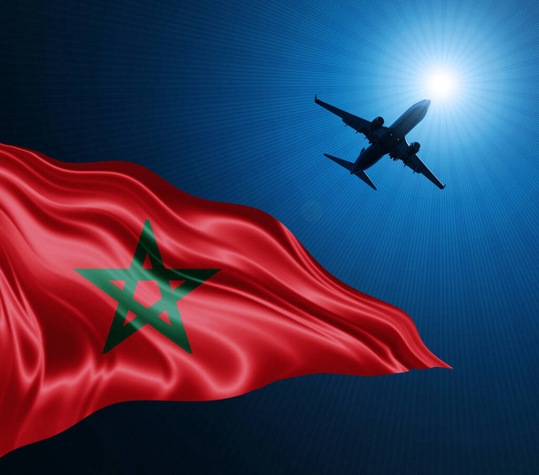 Marrocos Bandeira de seda à noite com um avião no fundo do céu. Ilustração 3D - Foto, Imagem