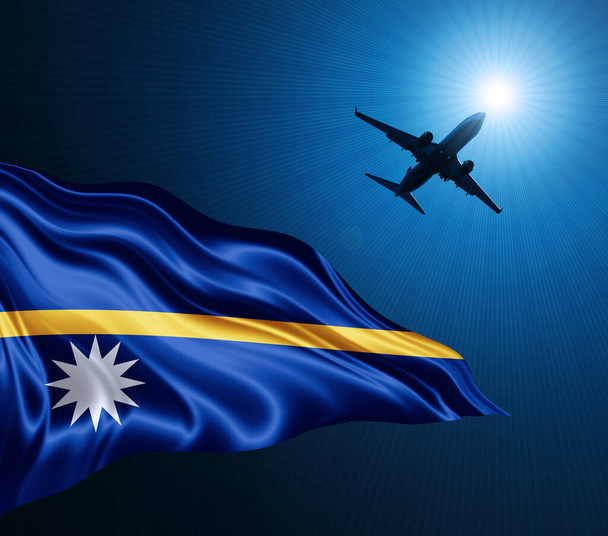 Bandera Nauru de seda por la noche con un avión en el fondo del cielo. Ilustración 3D - Foto, Imagen