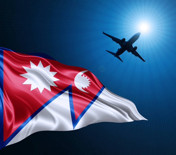 Bandera de seda de Nepal por la noche con un avión en el fondo del cielo. Ilustración 3D - Foto, imagen
