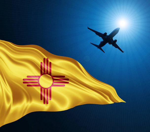 New Mexico flag of silk at night with an airplane on the sky background. 3D illustration - Photo, Image
