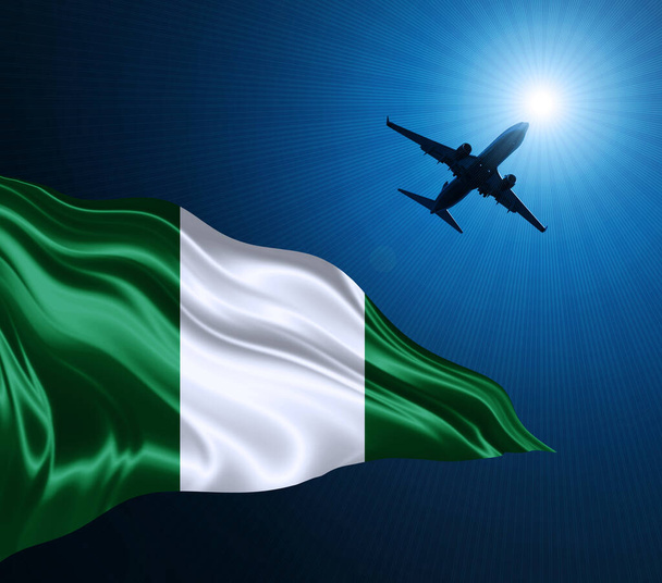 空の背景に飛行機と夜のシルクのナイジェリアのフラグ。3Dイラスト - 写真・画像
