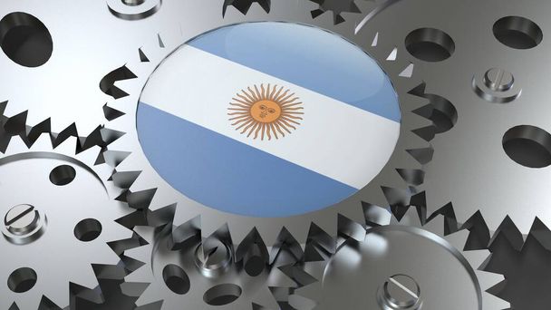 Drapeau de la République argentine avec des engrenages de fabrication d'acier coopération économique mondiale 3d rendre l'image - Photo, image