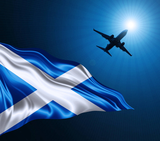空の背景に飛行機で夜の絹のスコットランドの旗。3Dイラスト - 写真・画像