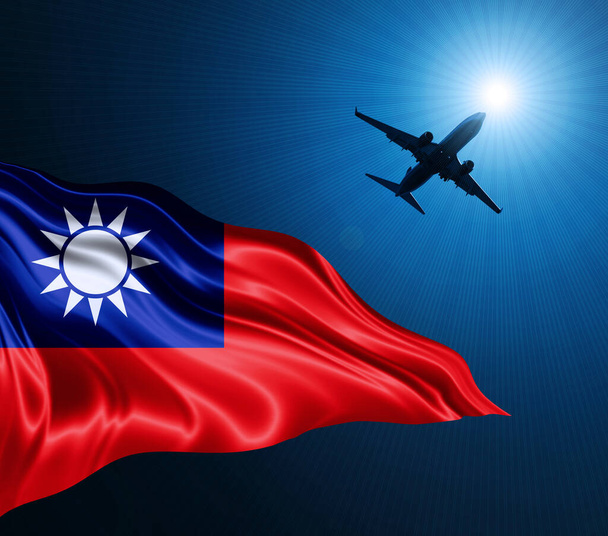 Bandera de seda de Taiwán por la noche con un avión en el fondo del cielo. Ilustración 3D - Foto, Imagen