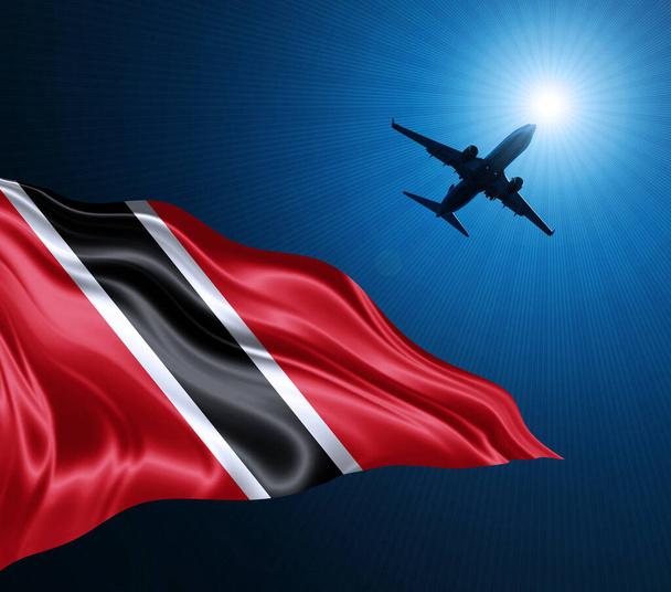 Bandeira de Tobago de seda à noite com um avião no fundo do céu. Ilustração 3D - Foto, Imagem
