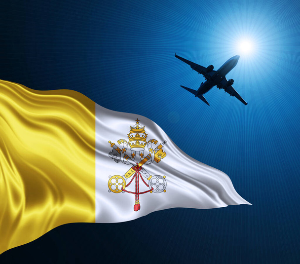 Vatican City flag of silk at night with an airplane on the sky background. 3D illustration - Photo, Image