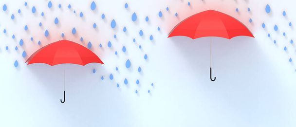 Creatief idee inspiratie. Paraplu Rood en regen met blauwe achtergrond en Bescherming business Concept, kopieerruimte, banner - 3d rendering - Foto, afbeelding