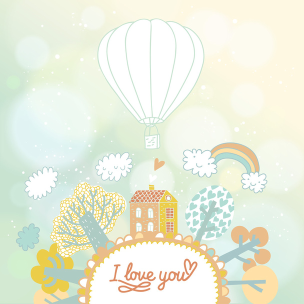 Stylish cartoon card with house, trees, clouds and balloon - Διάνυσμα, εικόνα