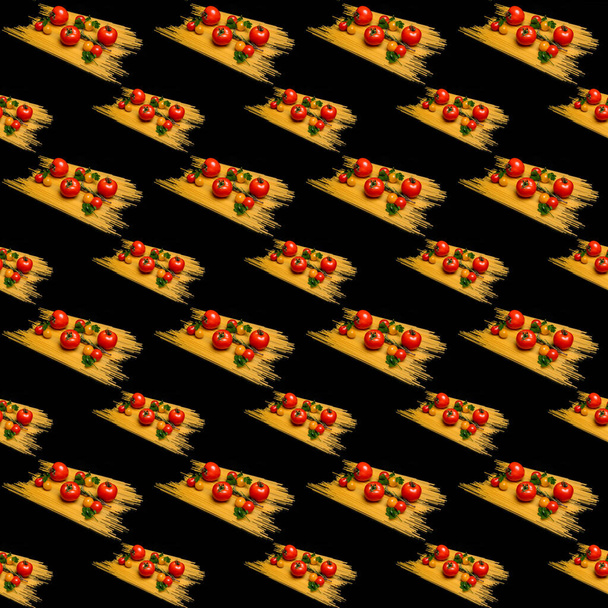 Tomatenspaghetti Dill auf schwarzem Hintergrund, Muster, Nahaufnahme, Vorlage, Banner, flaches Layout, Werbung, Tapete - Foto, Bild