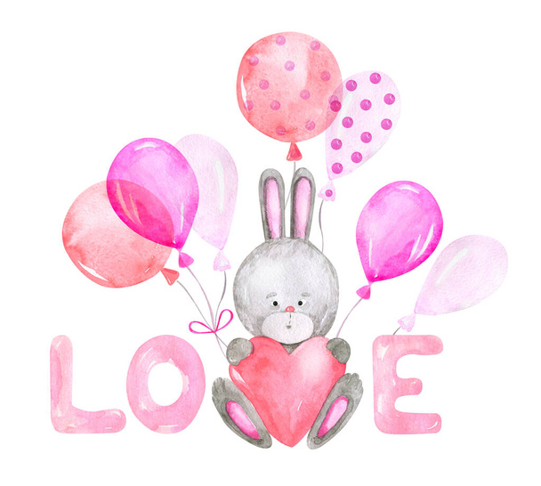 Love Bunny Valentines Day клипарт Мультфильм персонаж акварель сублимации графики - Фото, изображение