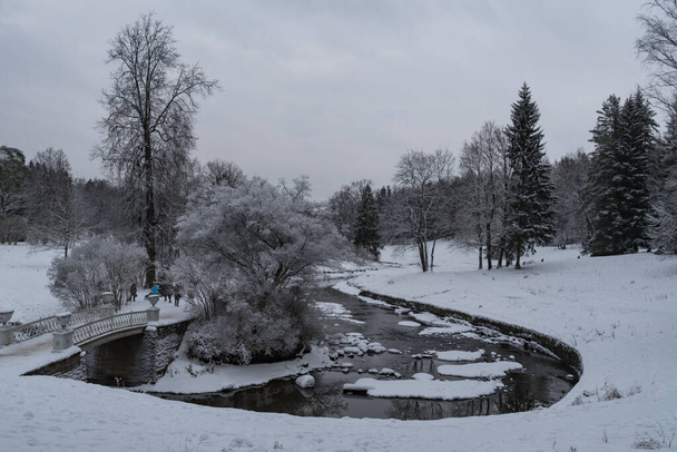 Vintage "Żelazny" most nad rzeką Slavyanka. Zimowy krajobraz. Park Pałacowy Pawłowsk. Petersburg, Rosja - Zdjęcie, obraz