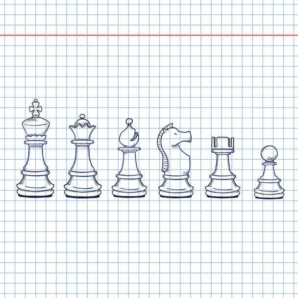 Set vettoriale di pezzi di scacchi da disegno. Collezione completa di figure scacchistiche. - Vettoriali, immagini