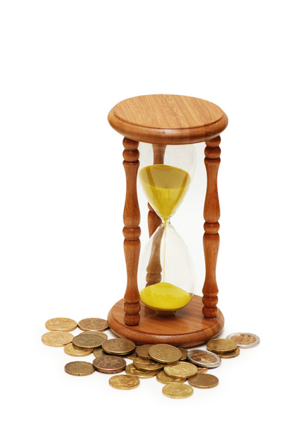 Time is money" concept - hourglass and coins - Photo, Image