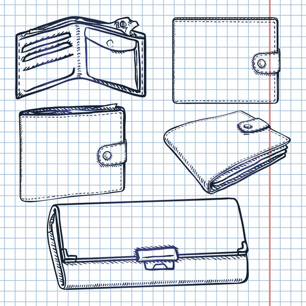 Vectorset van Sketch Portemonnees op gecontroleerd papier - Vector, afbeelding