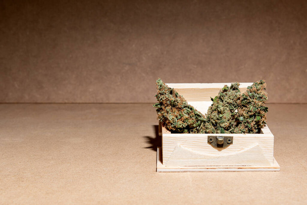 Dettagli di alcune cime di marijuana medica all'interno di una scatola di legno. Focus selettivo su sfondo marrone. - Foto, immagini